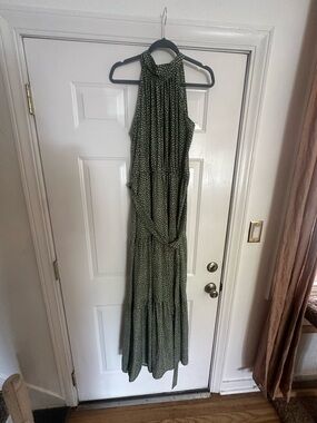 Halter Maxi Dress in Olive Green with Micro Dot Print